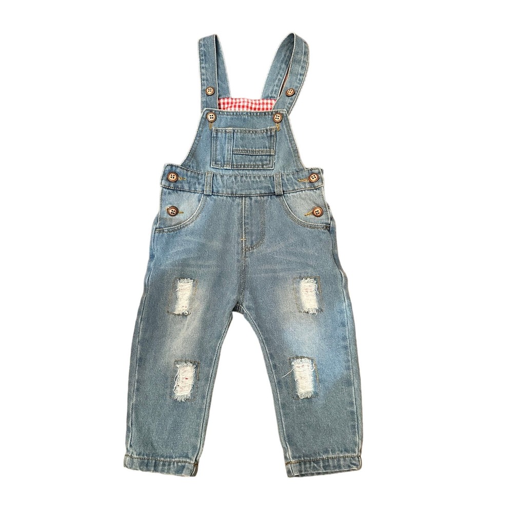 Baby Overalls Red Plaid Ripped Jeans Jumpsuit Size 6-12 Months